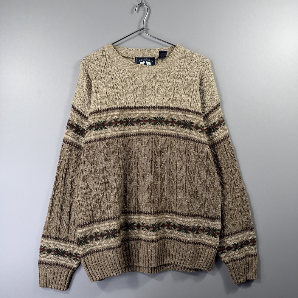 Woods&Gray Sweater Mens Medium Beige Silk Wool Fair Isle Cable Knit Pullover